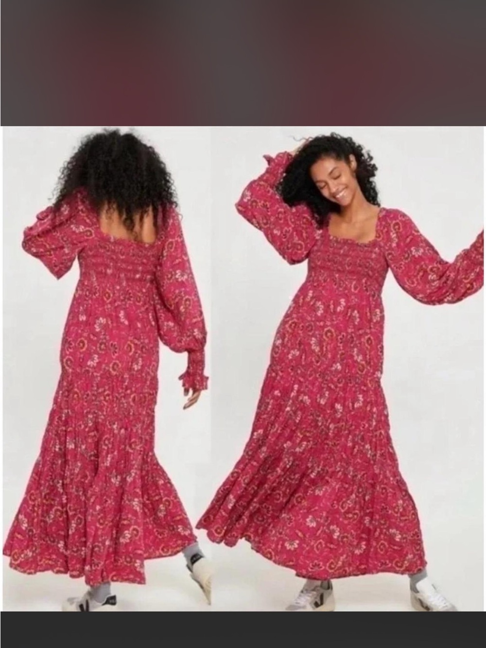Free People Sweet Escape Maxi Dress Tiered Ruffle Floral Smocked Bust Pink